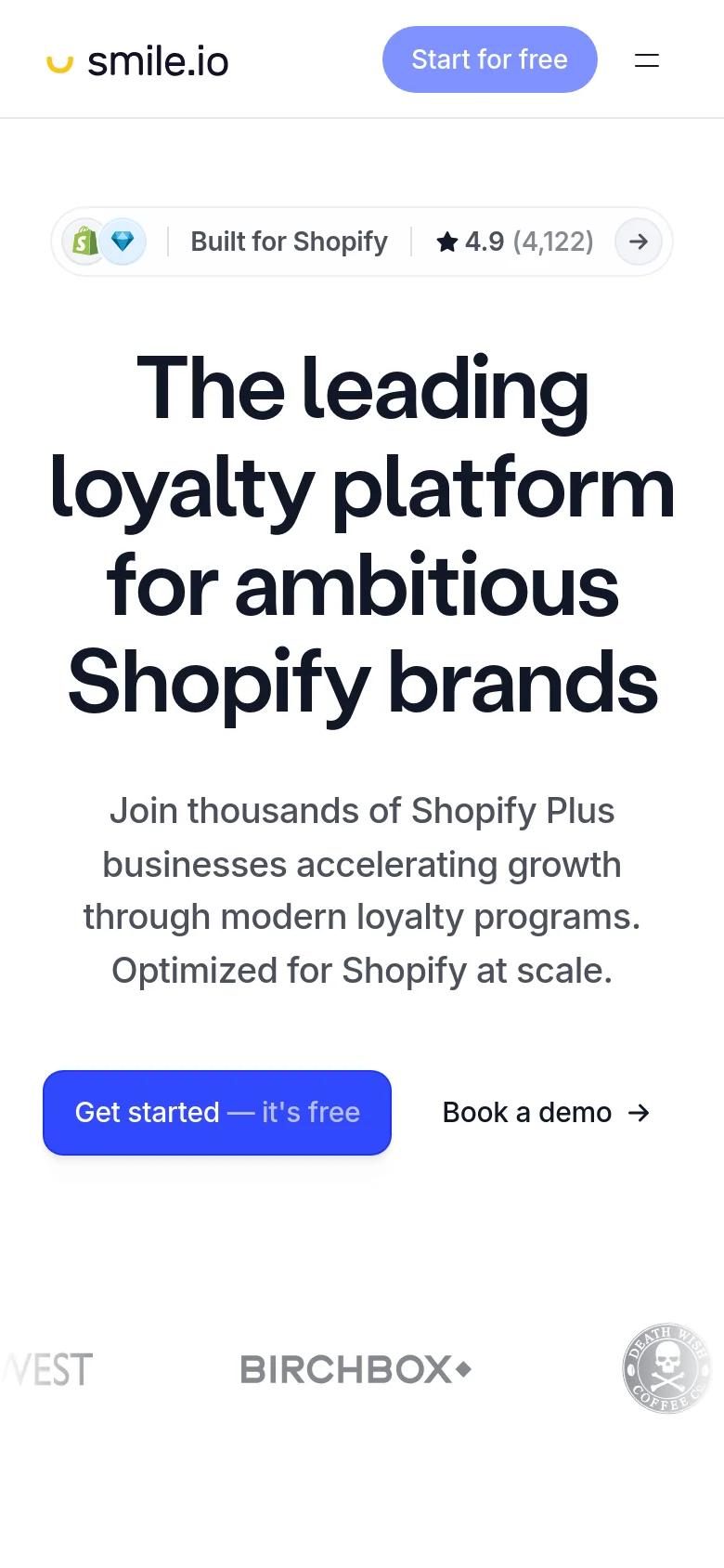 The mobile version uses a single-column vertical layout with the Smile.io logo and a 'Start for free' button in the header. The hero text and buttons are centered and scaled for smaller screens, followed by a vertically stacked or scrolling section of brand logos at the bottom.
