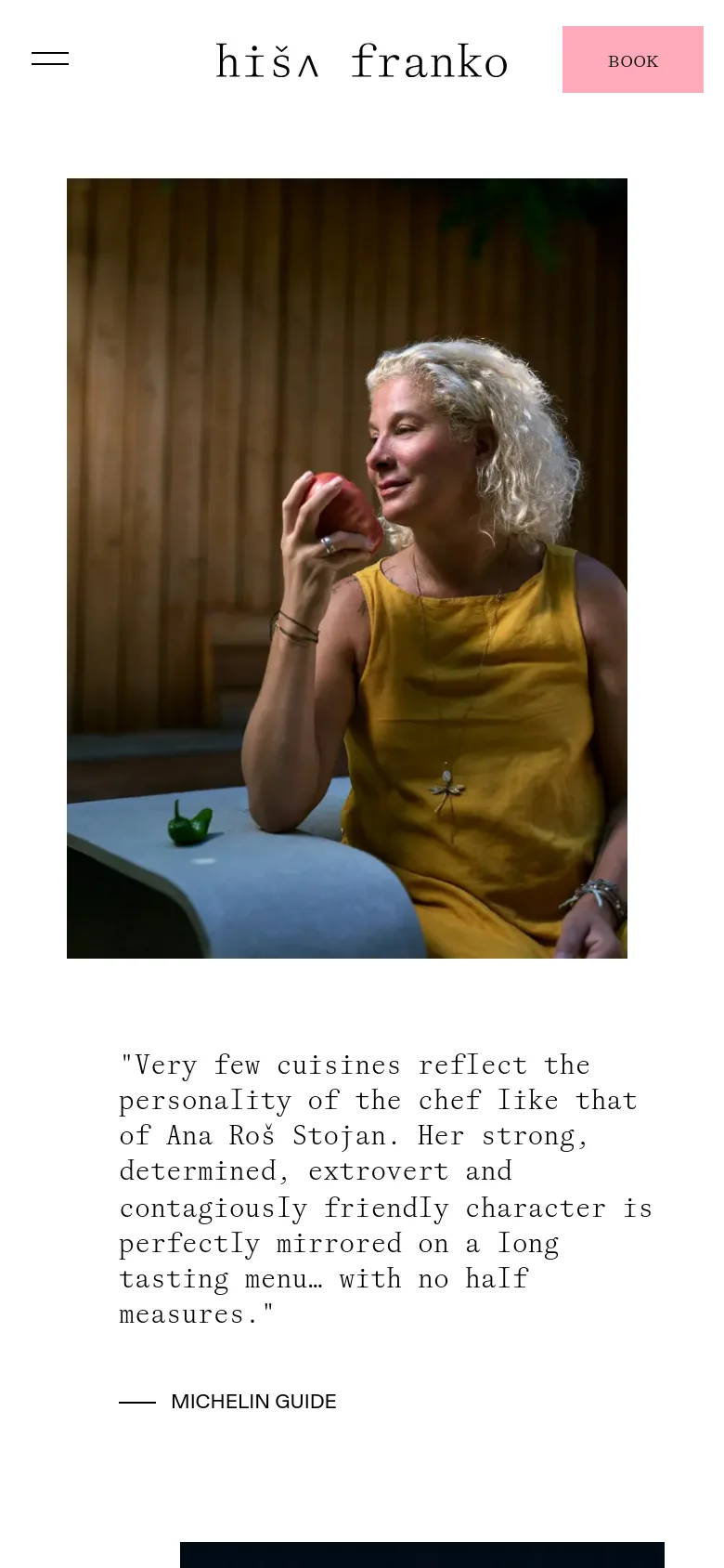 The mobile version stacks the content vertically, starting with the site logo and a pink 'BOOK' button at the top. The hero image of Ana Roš is centered above the Michelin Guide quote, which is presented in a single column for easier reading on a smaller screen.