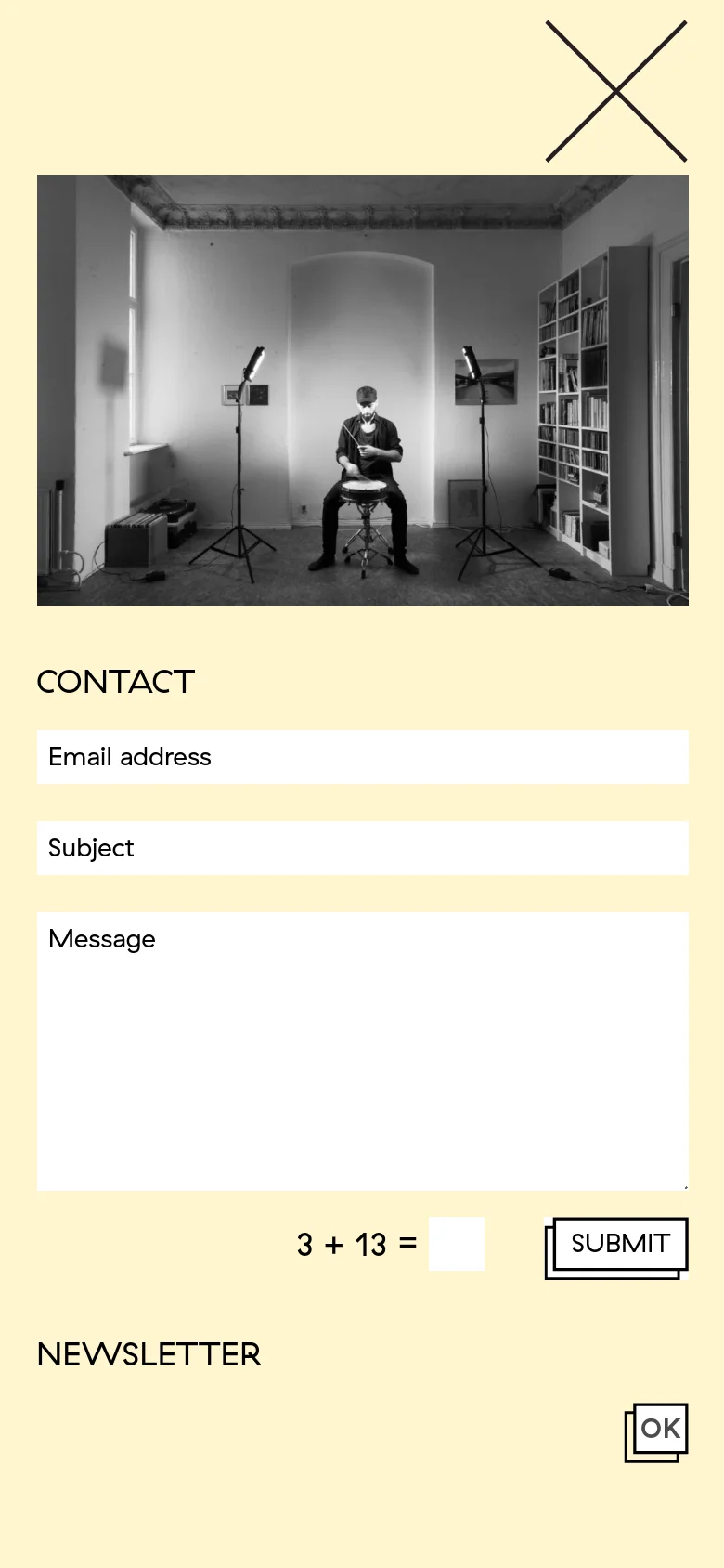 The mobile version presents a stacked layout on a cream background, starting with a large black and white photo of the artist. Below the image, the contact form fields for email, subject, and message are displayed vertically, followed by a math CAPTCHA and a submit button, with the newsletter section positioned at the bottom.