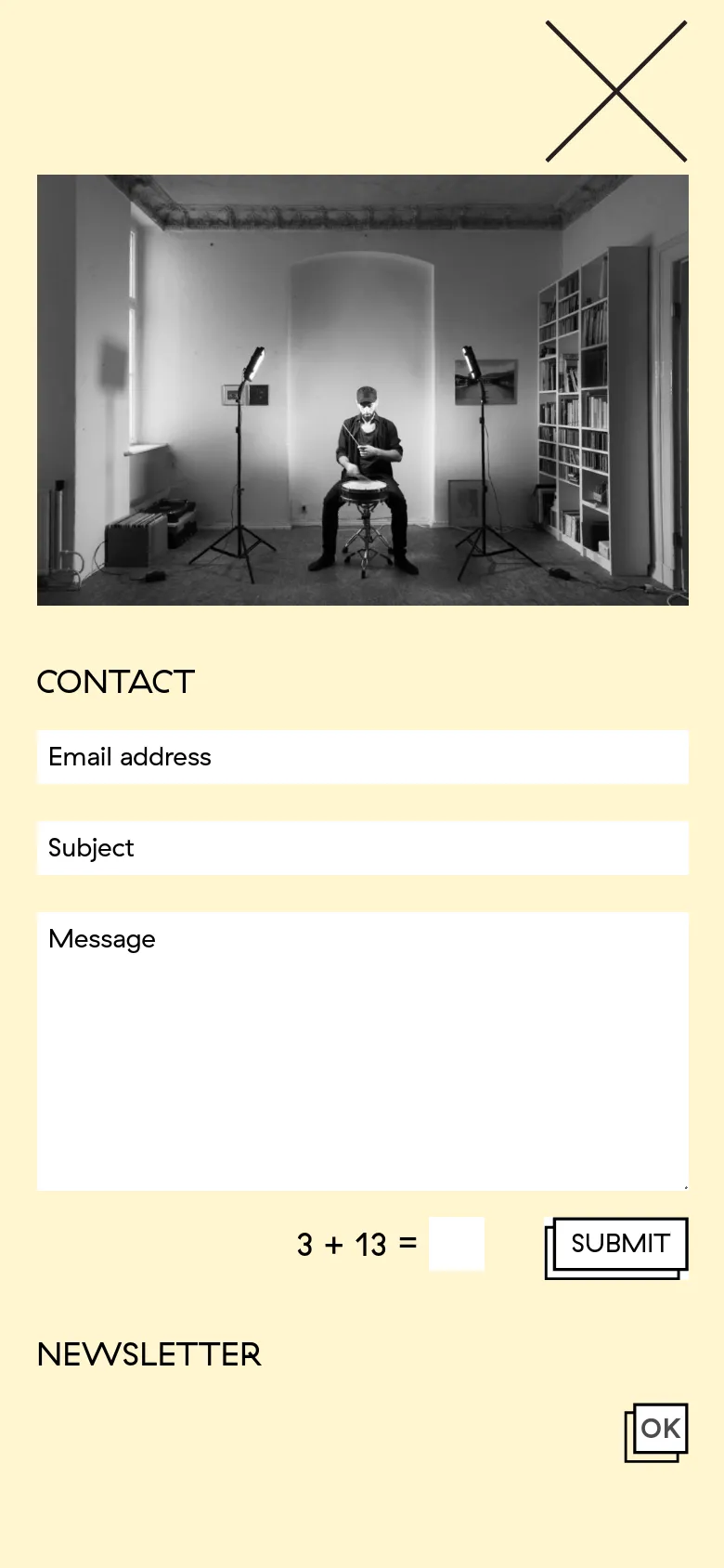 The mobile version presents a stacked layout on a cream background, starting with a large black and white photo of the artist. Below the image, the contact form fields for email, subject, and message are displayed vertically, followed by a math CAPTCHA and a submit button, with the newsletter section positioned at the bottom.