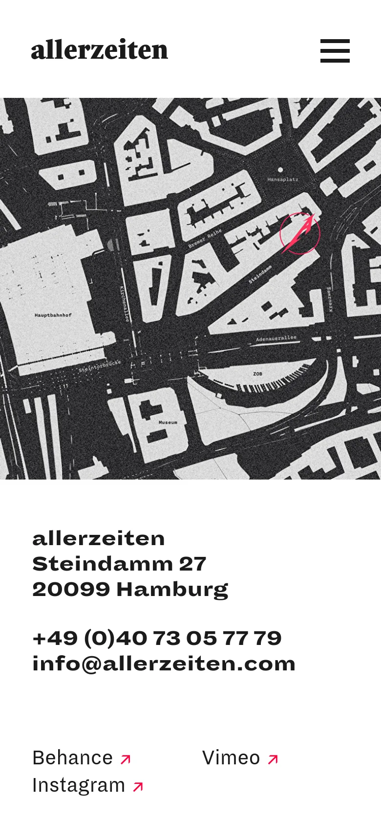 The mobile version uses a vertical stack layout with the 'allerzeiten' logo and a hamburger menu icon at the top. Below, a large black and white map spans the width of the screen, followed by the studio's contact information and social media links arranged in a single column.