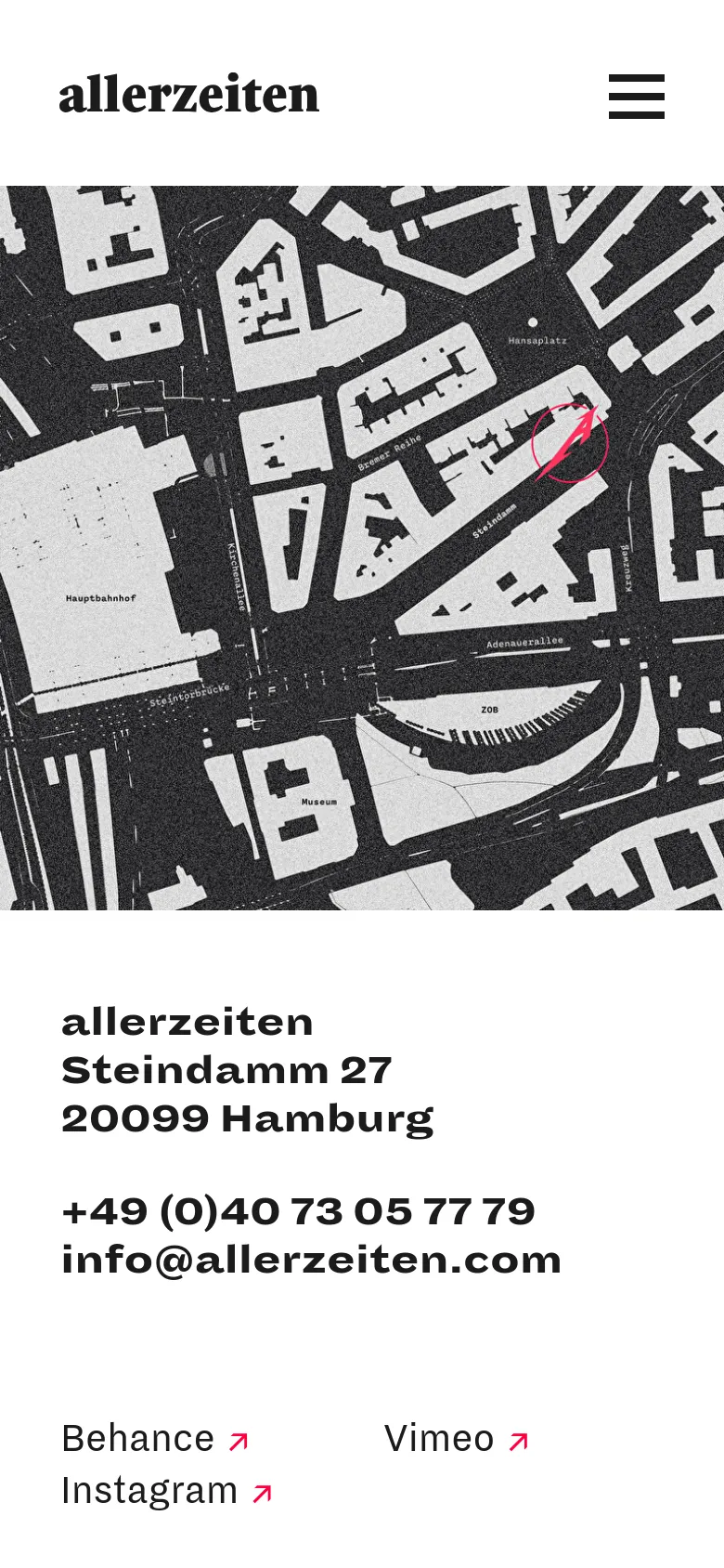 The mobile version uses a vertical stack layout with the 'allerzeiten' logo and a hamburger menu icon at the top. Below, a large black and white map spans the width of the screen, followed by the studio's contact information and social media links arranged in a single column.