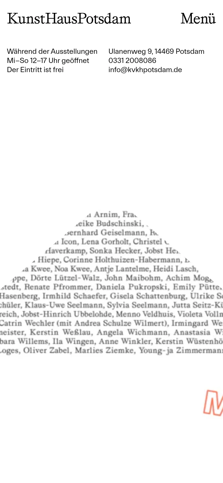 The mobile version maintains the minimalist white and black aesthetic but uses a single-column layout. The header is simplified with a 'Menü' button, and the large typographic art and red 'MAIL ART' text are scaled down to fit the narrower screen width.
