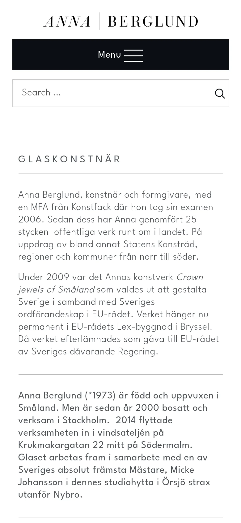 Mobile version of the homepage featuring a stacked layout. The header displays the artist's name and a black 'Menu' button with a hamburger icon, followed by a search bar. The biographical text is centered below, appearing in a single column for easier reading on small screens.