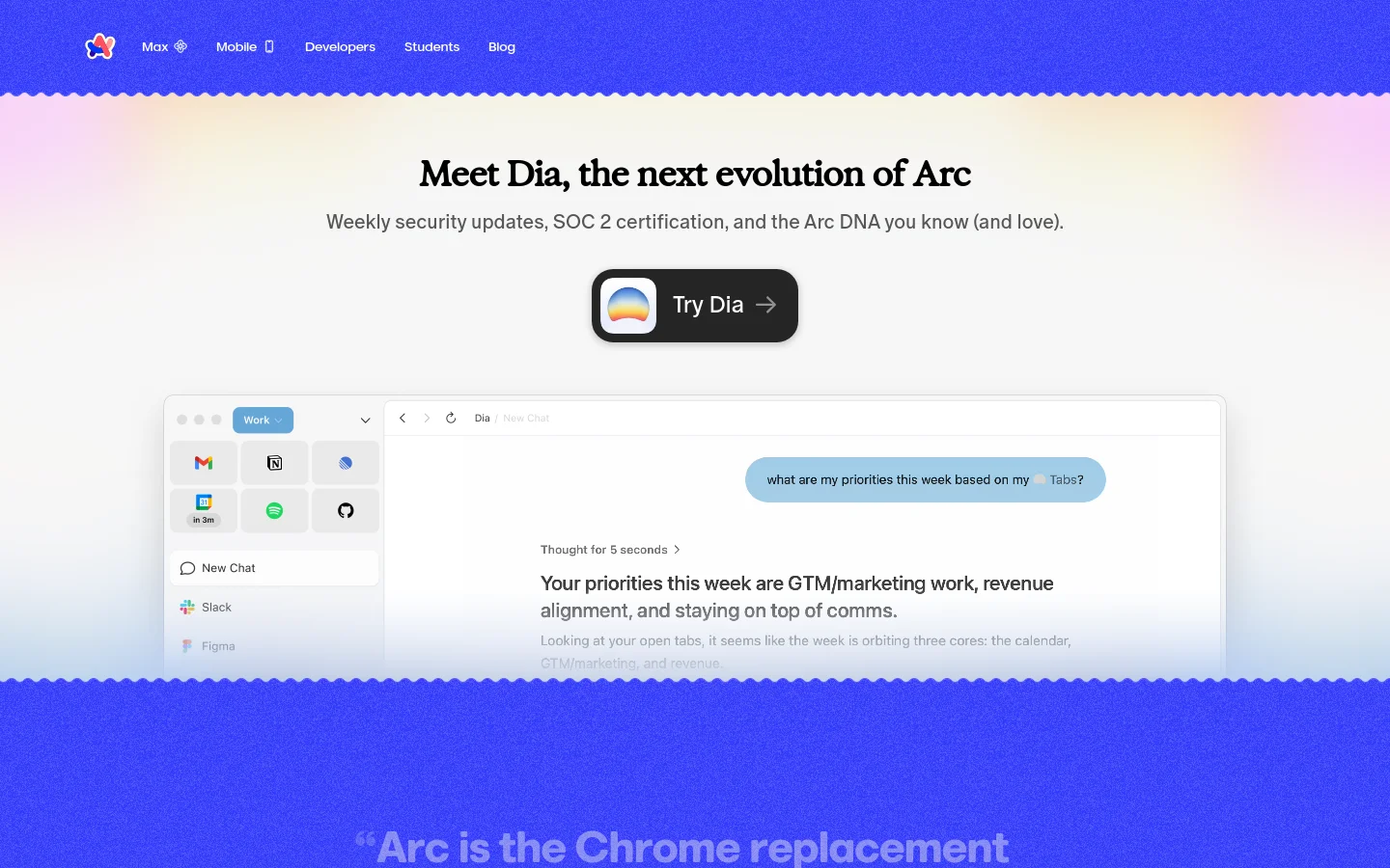 The desktop homepage features a clean, centered layout with a white background and a wavy blue header. It displays the headline 'Meet Dia, the next evolution of Arc' above a dark 'Try Dia' call-to-action button and a large screenshot of the browser interface. A blue textured section at the bottom contains a large testimonial quote from The Verge.