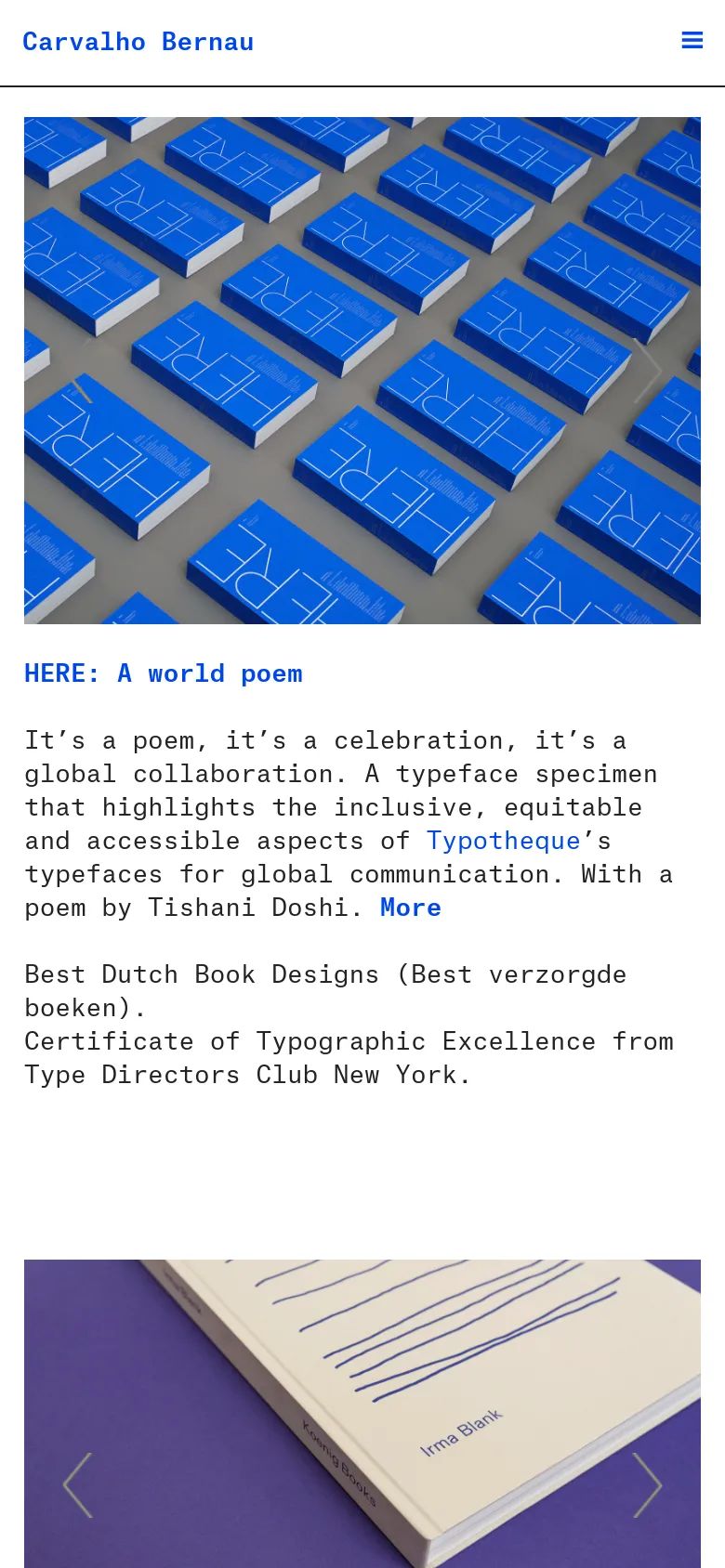 The mobile version presents a simplified layout with a hamburger menu icon in the top right and the brand name 'Carvalho Bernau' on the left. The large hero image of blue books remains prominent, followed by the project title and descriptive text stacked vertically for easy scrolling on a narrow screen.