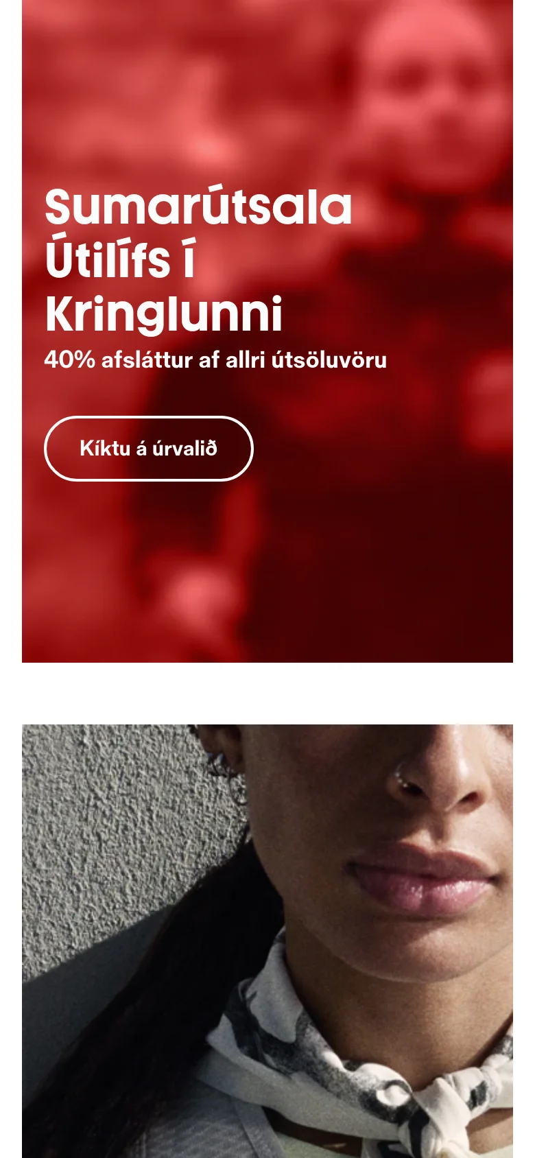 The mobile version uses a simplified layout with a condensed header and a large, full-width red hero banner promoting a summer sale. The banner features bold white text and a prominent 'Kíktu á úrvalið' button. Content is stacked vertically, prioritizing the large promotional imagery and single-column product views.