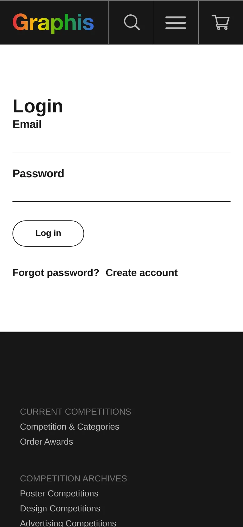 The mobile version simplifies the layout, replacing the top navigation bar with a hamburger menu icon, a search icon, and a shopping cart icon next to the Graphis logo. The login form remains centered on a white background with large, easy-to-tap input fields and buttons. The footer is stacked vertically, displaying site links in a single column for easier scrolling.