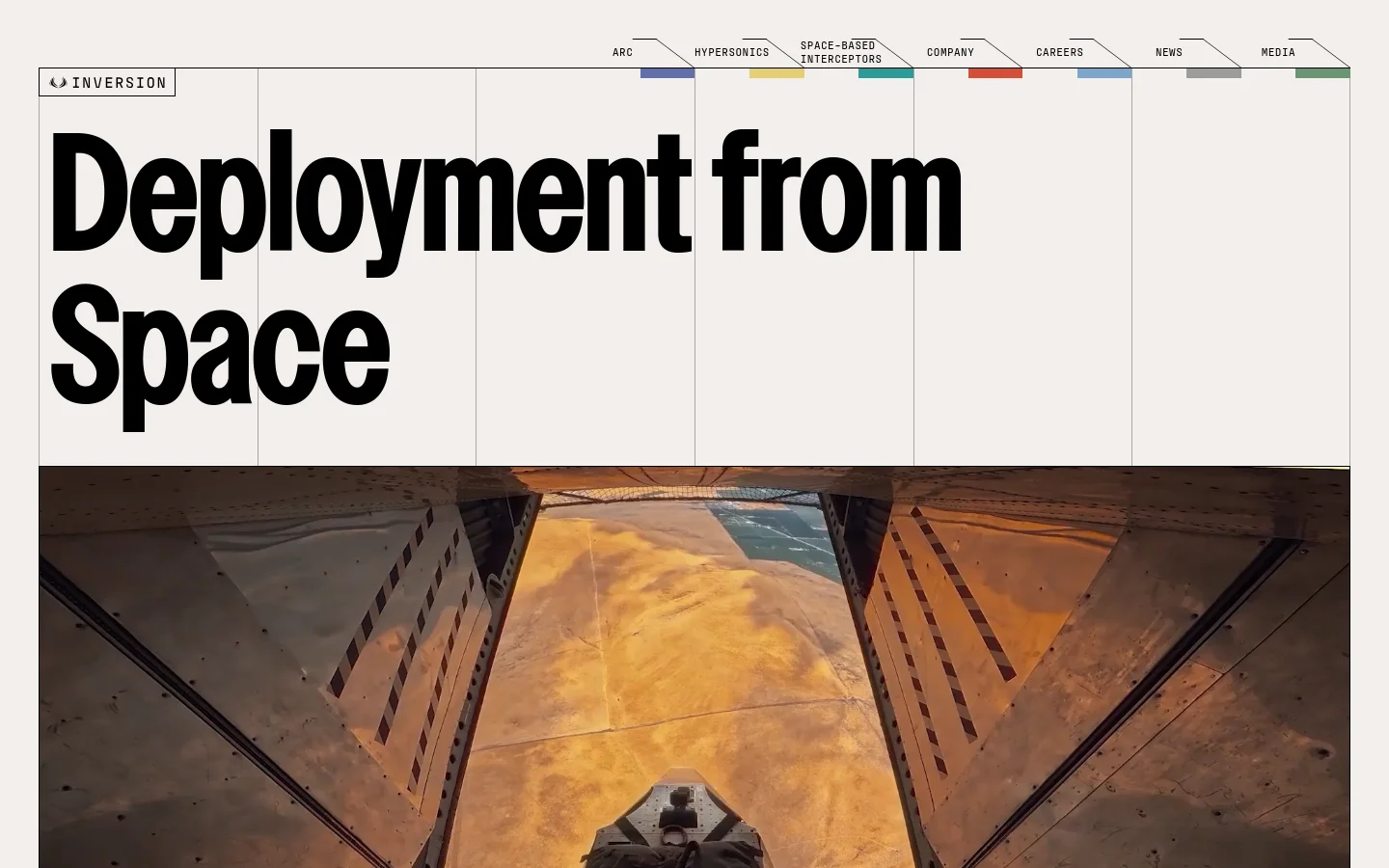 The desktop homepage features a minimalist cream background with large, bold black typography reading 'Deployment from Space'. A hero image shows a low-angle view looking out from the cargo bay of a spacecraft toward Earth, and a navigation menu at the top includes links like Arc, Hypersonics, and Company. The layout uses thin vertical lines to divide sections of the page.
