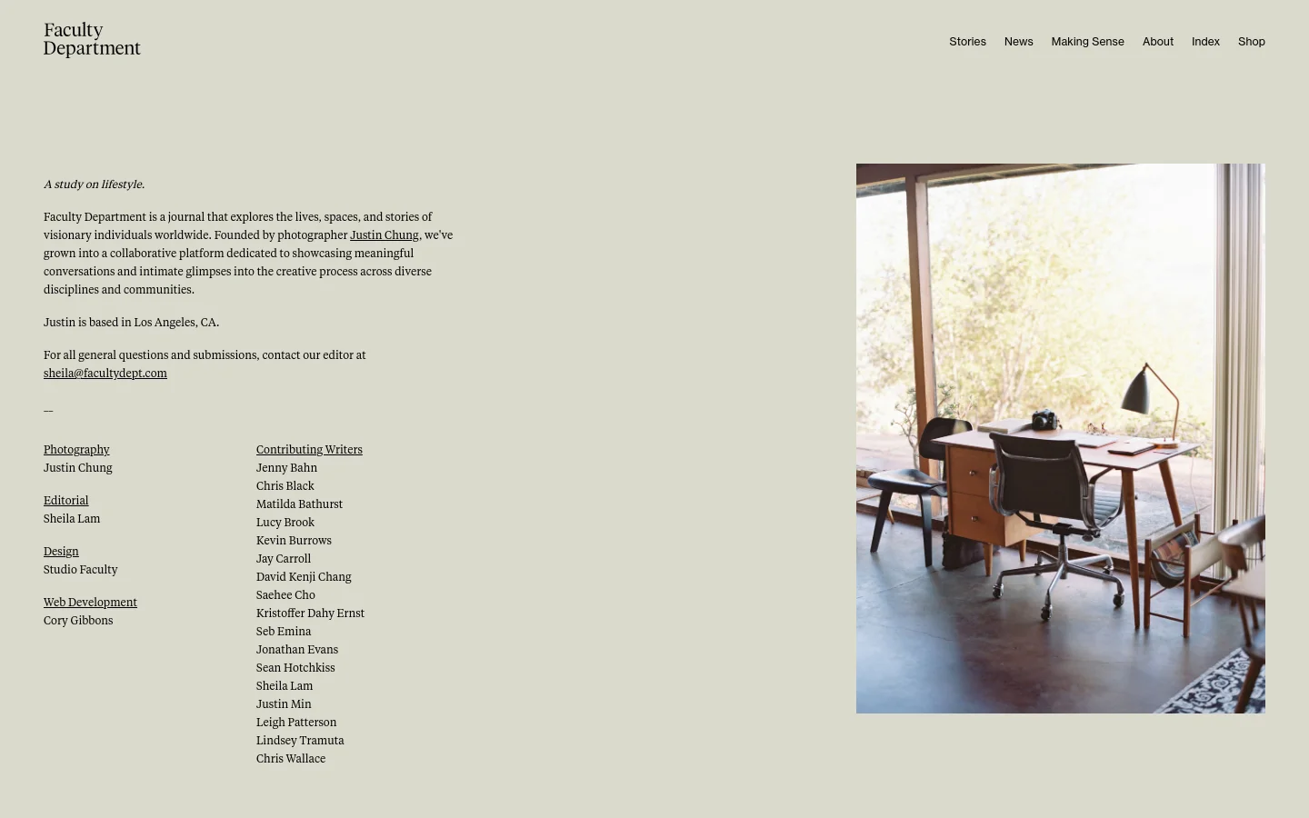 The desktop About page features a minimalist two-column layout on a light beige background. The left column contains text describing the journal, contact information, and a list of team members and contributing writers, while the right column displays a large vertical photograph of a modern, sunlit workspace with a desk and chair.