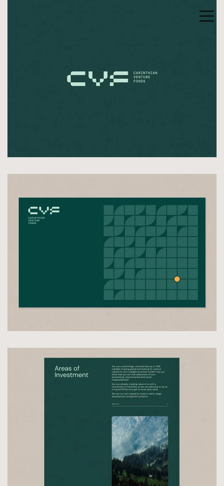 The mobile version simplifies the layout, replacing the top navigation with a hamburger menu icon in the top right corner. The central hero area maintains the dark green theme and large pixelated 'CVF' logo, while content is stacked vertically for a narrower viewport.