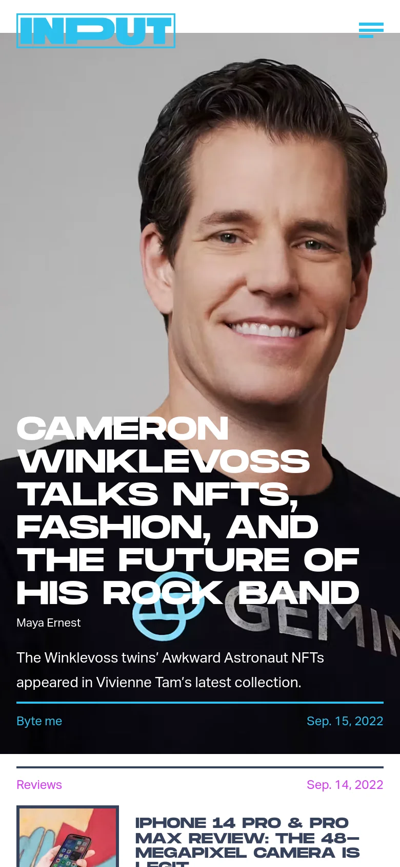 The mobile version presents a single-column vertical layout, starting with a full-width hero image of Cameron Winklevoss and large headline text. Subsequent articles are stacked vertically, each featuring a smaller thumbnail image alongside its headline and metadata.