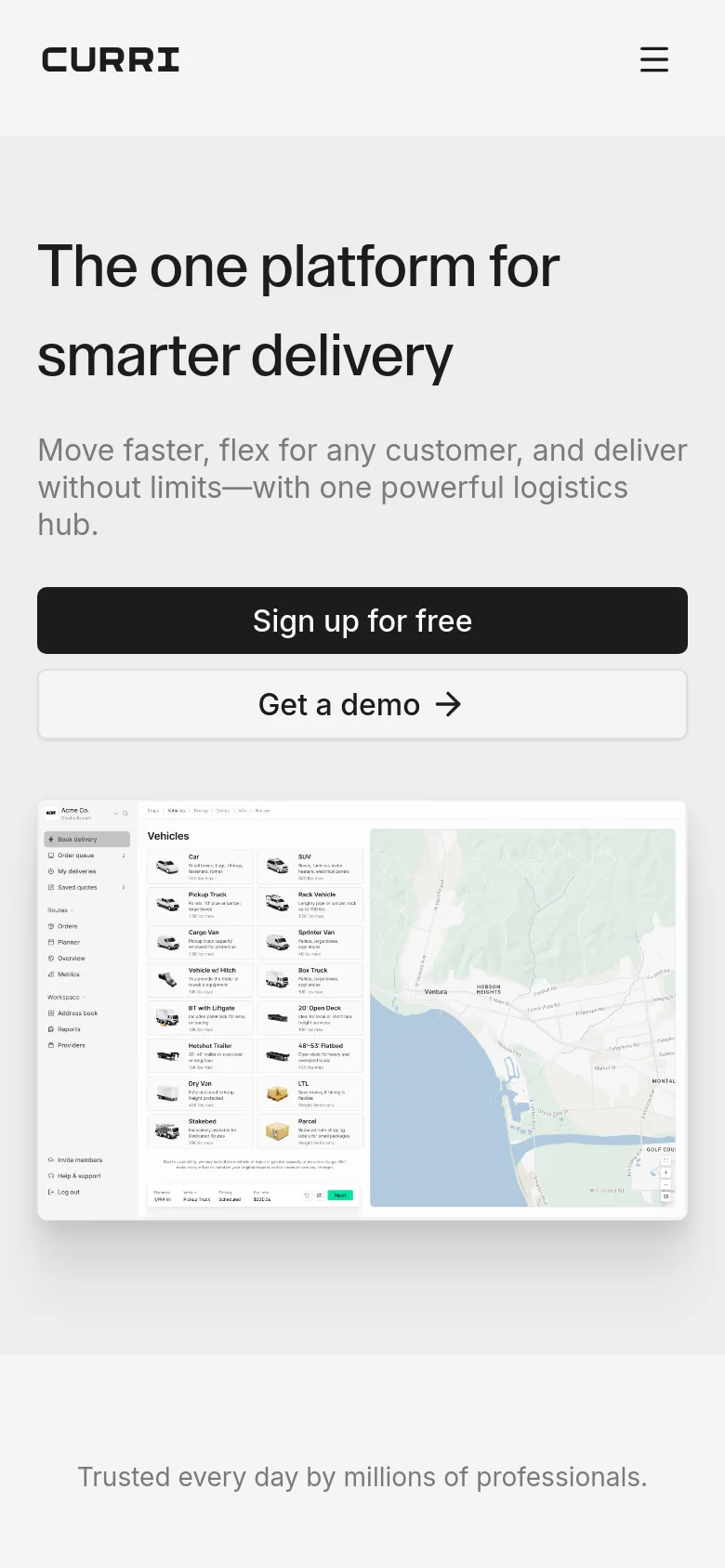 The mobile version uses a simplified vertical layout with the Curri logo and a hamburger menu icon at the top. The hero text is centered and stacked, followed by full-width buttons for signing up or requesting a demo. The app interface screenshot is scaled down to fit the narrow screen width, maintaining its visual context of vehicle types and map data.
