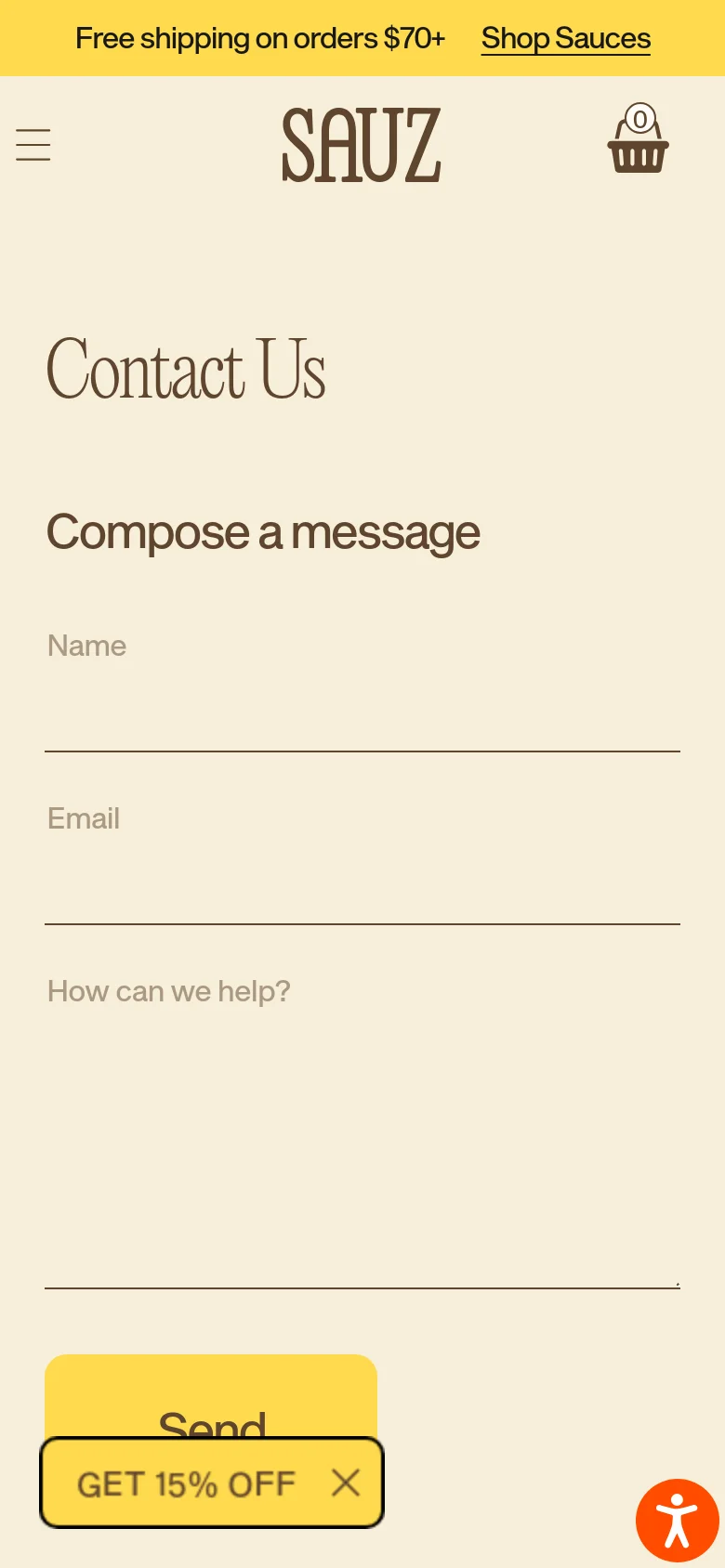 The mobile version simplifies the layout into a single vertical column on a cream background. The 'Contact Us' headline and 'Compose a message' form are stacked vertically, with the contact details appearing above the form. The yellow 'GET 15% OFF' button and accessibility icon remain visible at the bottom.