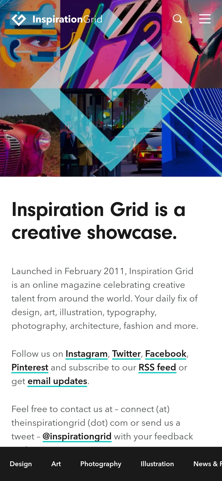 The mobile version presents a condensed layout with the colorful hero collage at the top, followed by the main headline and text. The navigation is simplified into a hamburger menu and a search icon in the header, and the sidebar elements are stacked vertically below the main content.