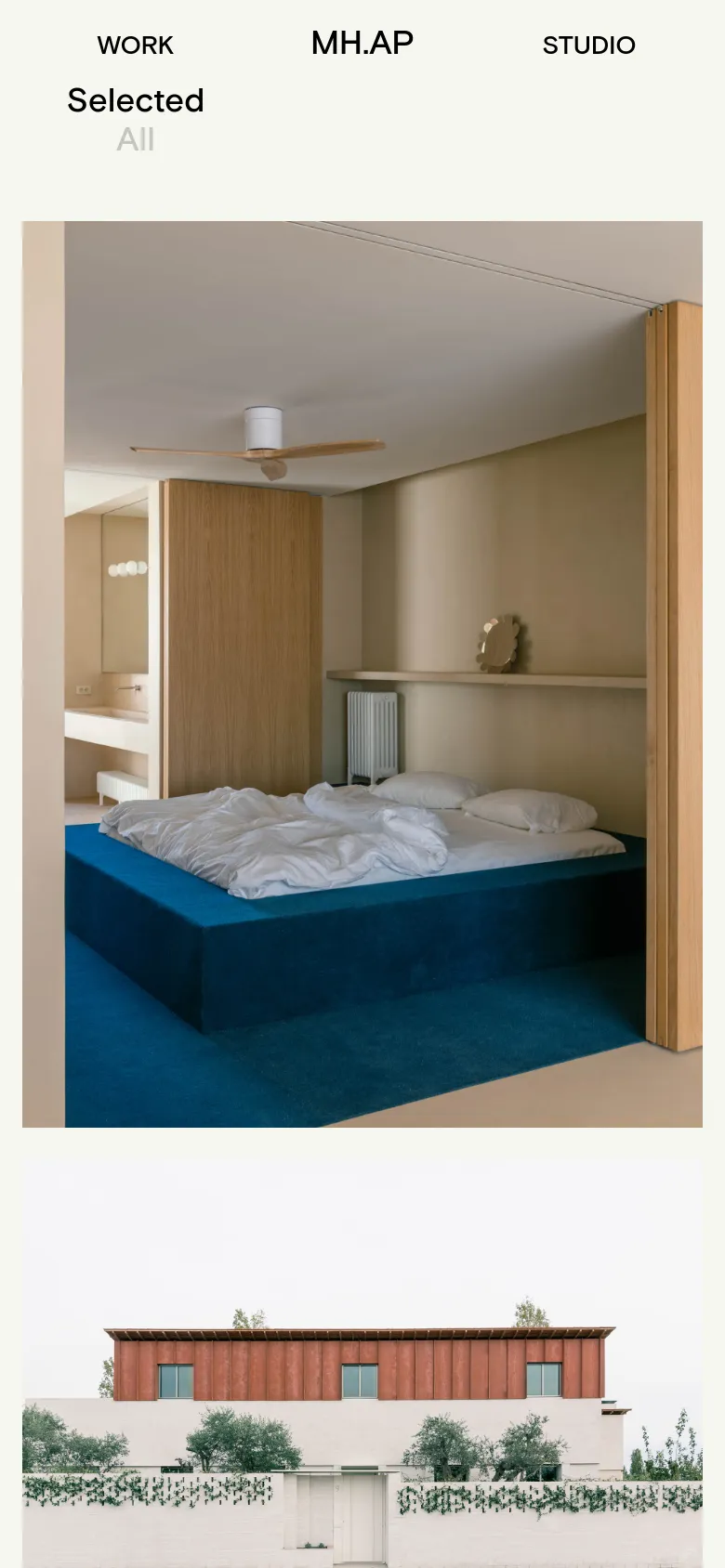 The mobile version maintains the minimalist aesthetic but transitions to a single-column vertical scroll. The project images and their corresponding text descriptions, such as project names and completion status, are stacked vertically to fit the narrow screen width.