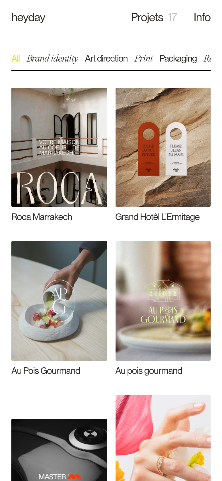 The mobile version presents a simplified vertical layout with the 'heyday' logo and 'Projets 17' heading at the top. The project grid shifts to a two-column format, showing larger imagery for projects like Roca Marrakech and Grand Hôtel L'Ermitage to accommodate the smaller screen. Navigation links are condensed, and the category filter is presented as a horizontally scrollable list.
