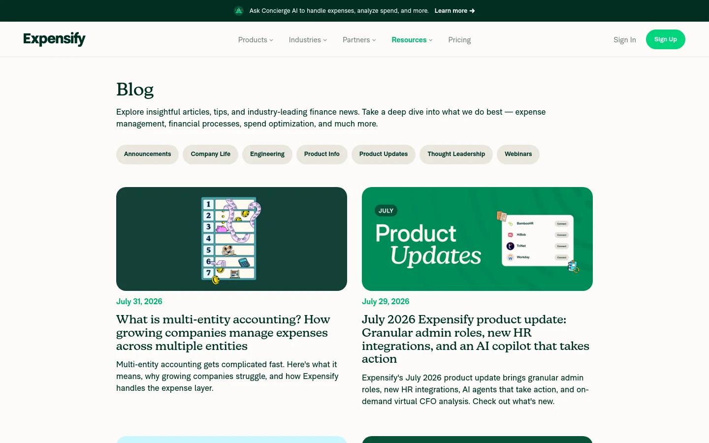 The Expensify Blog page features a clean white layout with a top navigation bar and a green promotional banner. A large 'Blog' headline is followed by a description and a series of pill-shaped category buttons like 'Announcements' and 'Engineering'. Below, blog posts are displayed in a grid with large featured images, dates, bold headlines, and short text excerpts.