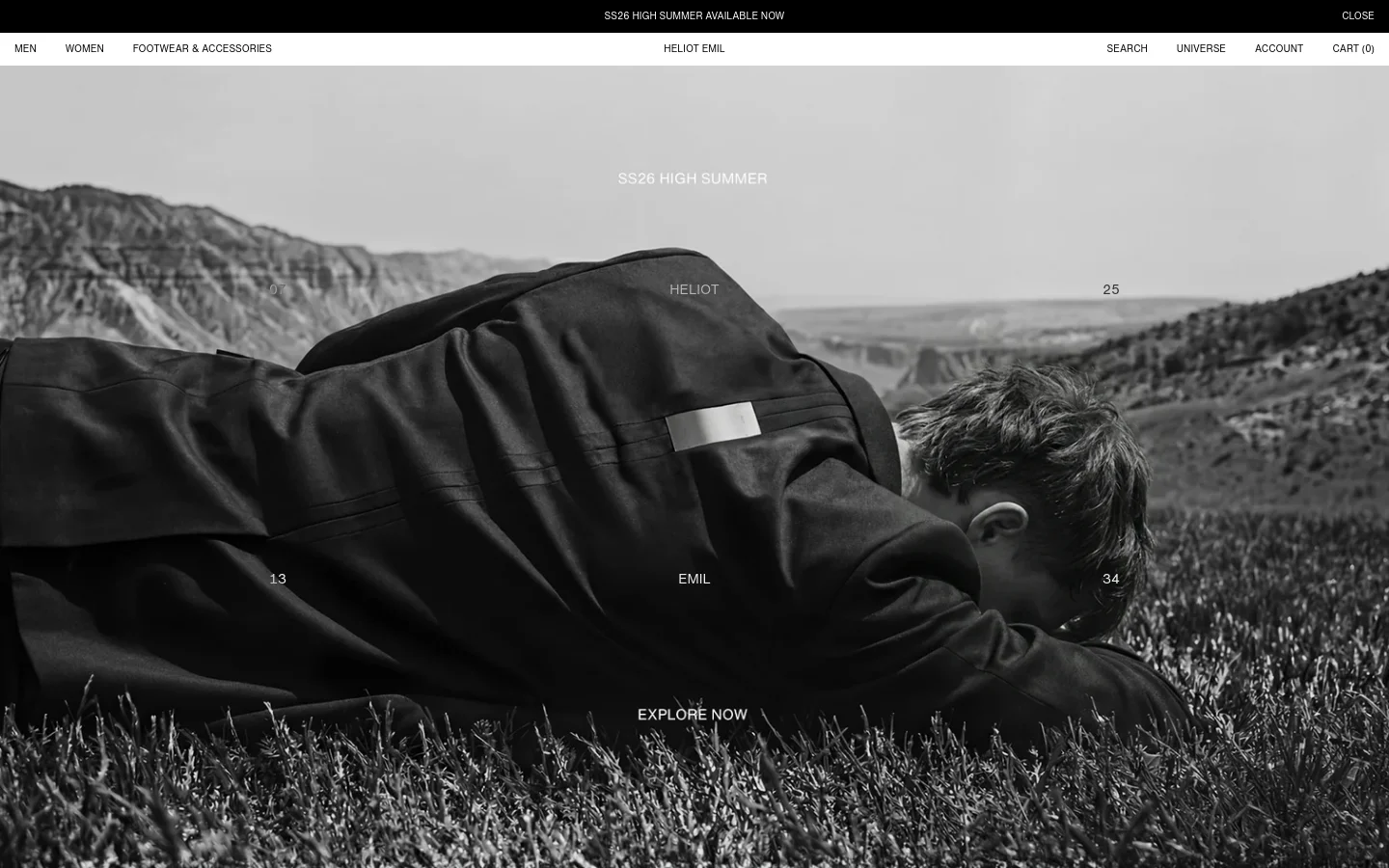 The desktop homepage features a minimalist black and white aesthetic with a large hero image of a person lying in grass. A navigation bar at the top includes links for Men, Women, Footwear & Accessories, and a central brand logo. The hero section displays 'SS26 HIGH SUMMER' and an 'EXPLORE NOW' call to action over the imagery.