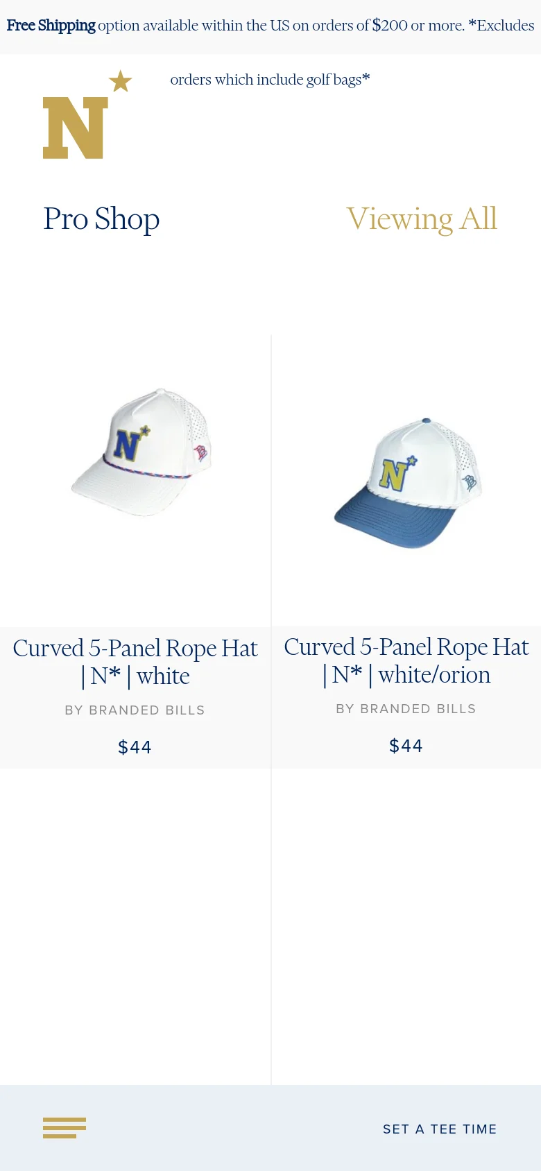 The mobile version features a simplified layout with a large Navy 'N' logo at the top and a centered 'Pro Shop' heading. The product grid shifts to a single or double column, showing larger product images of hats and golf balls with text stacked vertically below each item. A bottom navigation bar includes a hamburger menu icon and a 'SET A TEE TIME' call to action.