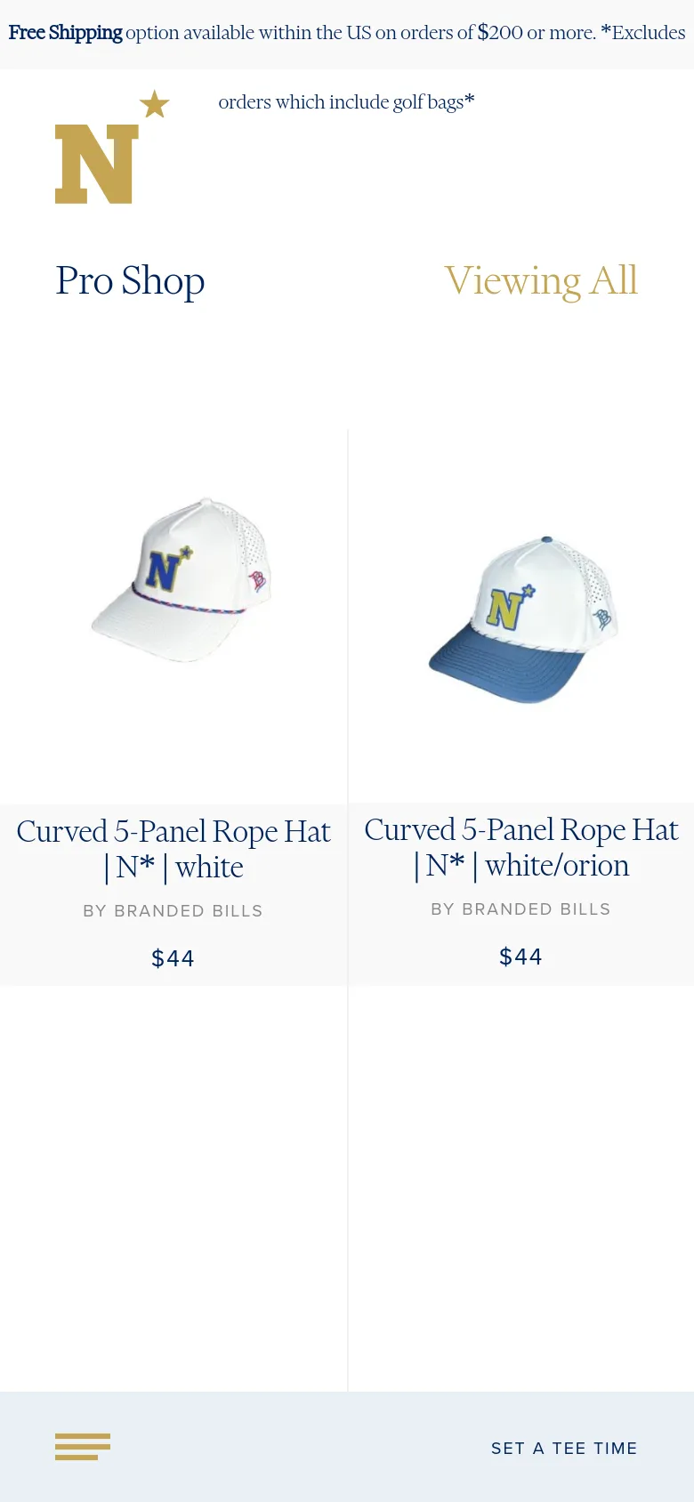 The mobile version features a simplified layout with a large Navy 'N' logo at the top and a centered 'Pro Shop' heading. The product grid shifts to a single or double column, showing larger product images of hats and golf balls with text stacked vertically below each item. A bottom navigation bar includes a hamburger menu icon and a 'SET A TEE TIME' call to action.