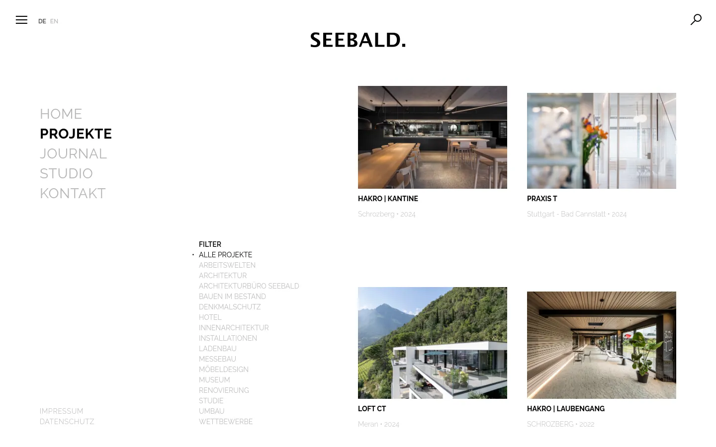 The desktop view shows a minimalist portfolio page for SEEBALD with a white background and black text. A left-hand sidebar contains the main navigation menu, project filters, and legal links, while the right side displays a grid of large project images with titles and locations underneath. Each project entry features a high-quality architectural photograph.
