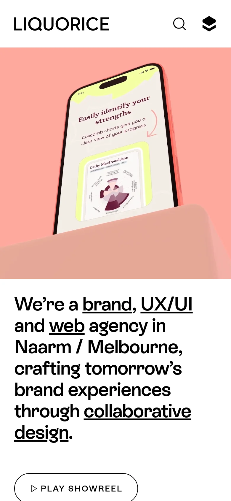 The mobile version presents a simplified, vertically stacked layout starting with a large hero image of a smartphone displaying a data visualization chart against a peach background. A prominent headline follows, emphasizing the agency's focus on brand, UX/UI, and web design. The 'PLAY SHOWREEL' button is centered at the bottom, and the header contains the logo, search, and menu icons.