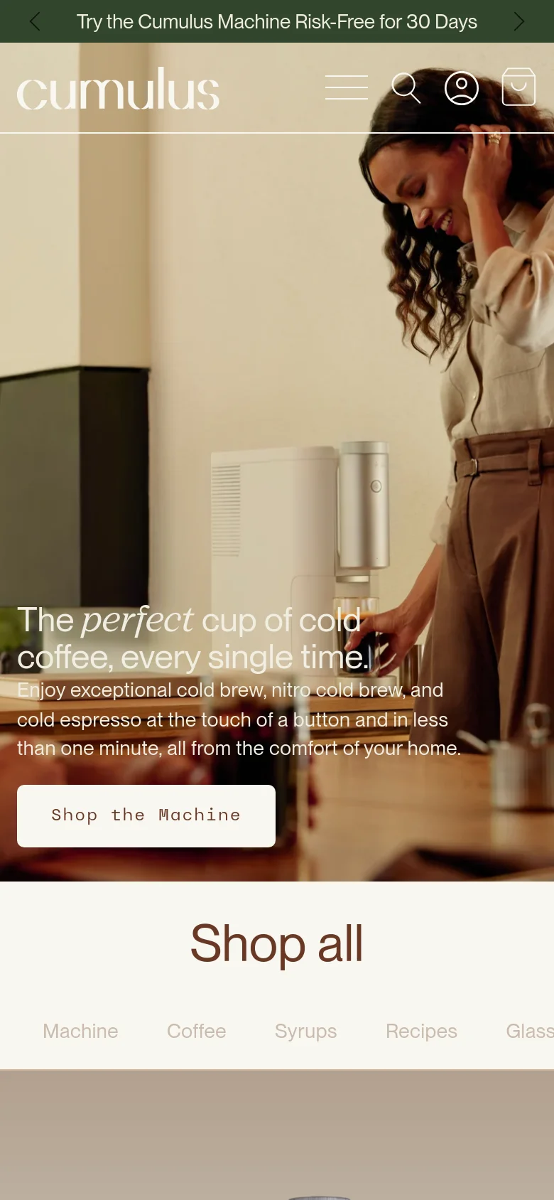 The mobile version uses a vertical layout with a full-width hero image of a person using the coffee machine and the same headline and call-to-action button. The 'Shop all' section follows, with category links arranged in a scrollable horizontal list. Navigation is condensed into a hamburger menu icon at the top right, alongside search and account icons.