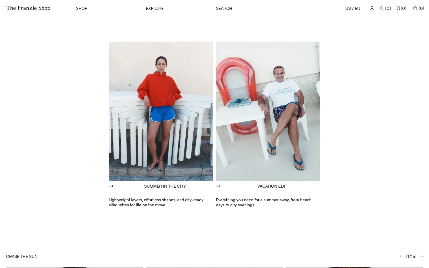 The Frankie Shop desktop homepage features a minimalist white background with a navigation bar at the top. Two large, side-by-side lifestyle images showcase models in summer attire, with 'SUMMER IN THE CITY' and 'VACATION EDIT' headings and descriptions below each image. The layout is spacious and clean, using high-fashion photography as the primary visual element.