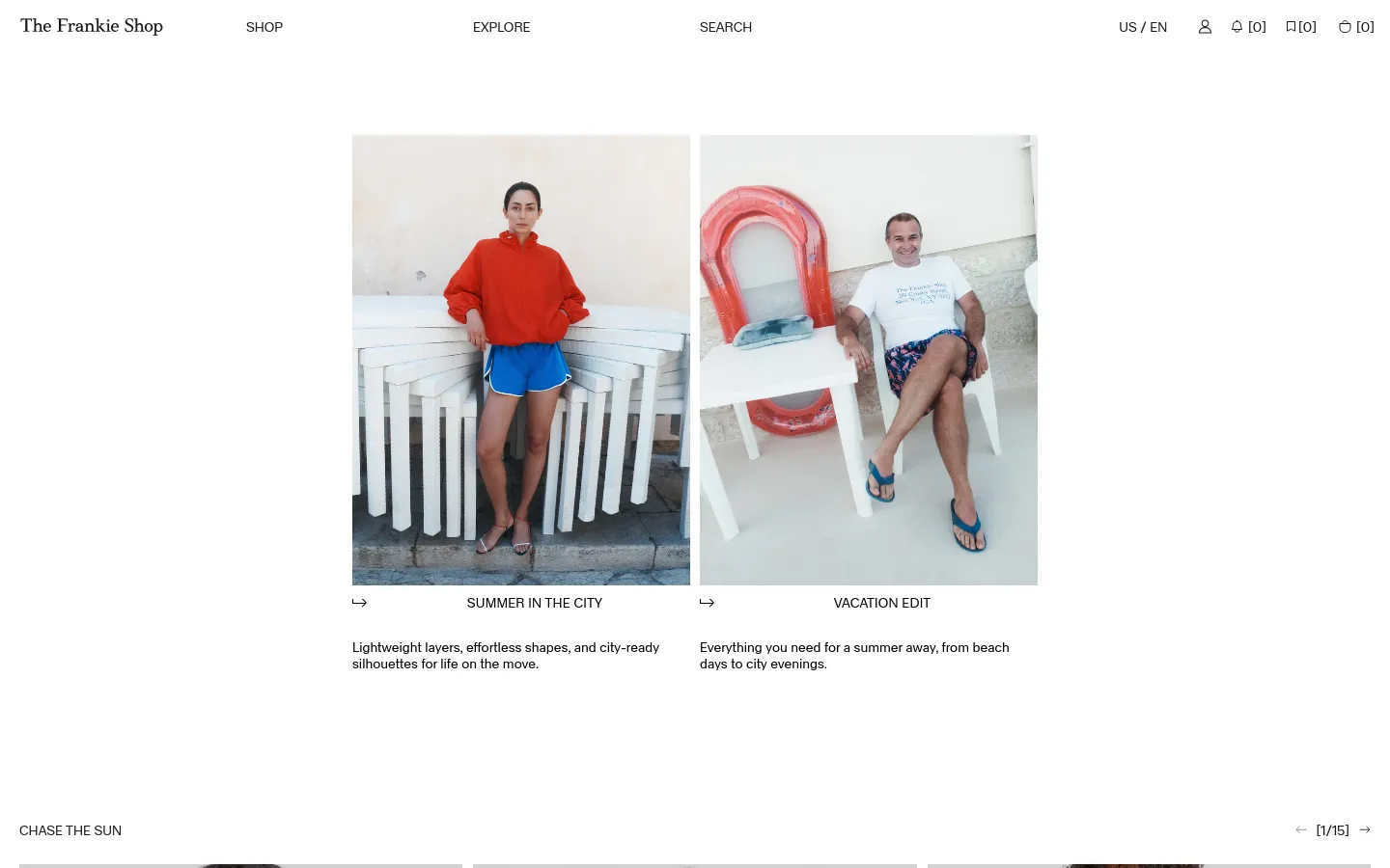 The Frankie Shop desktop homepage features a minimalist white background with a navigation bar at the top. Two large, side-by-side lifestyle images showcase models in summer attire, with 'SUMMER IN THE CITY' and 'VACATION EDIT' headings and descriptions below each image. The layout is spacious and clean, using high-fashion photography as the primary visual element.