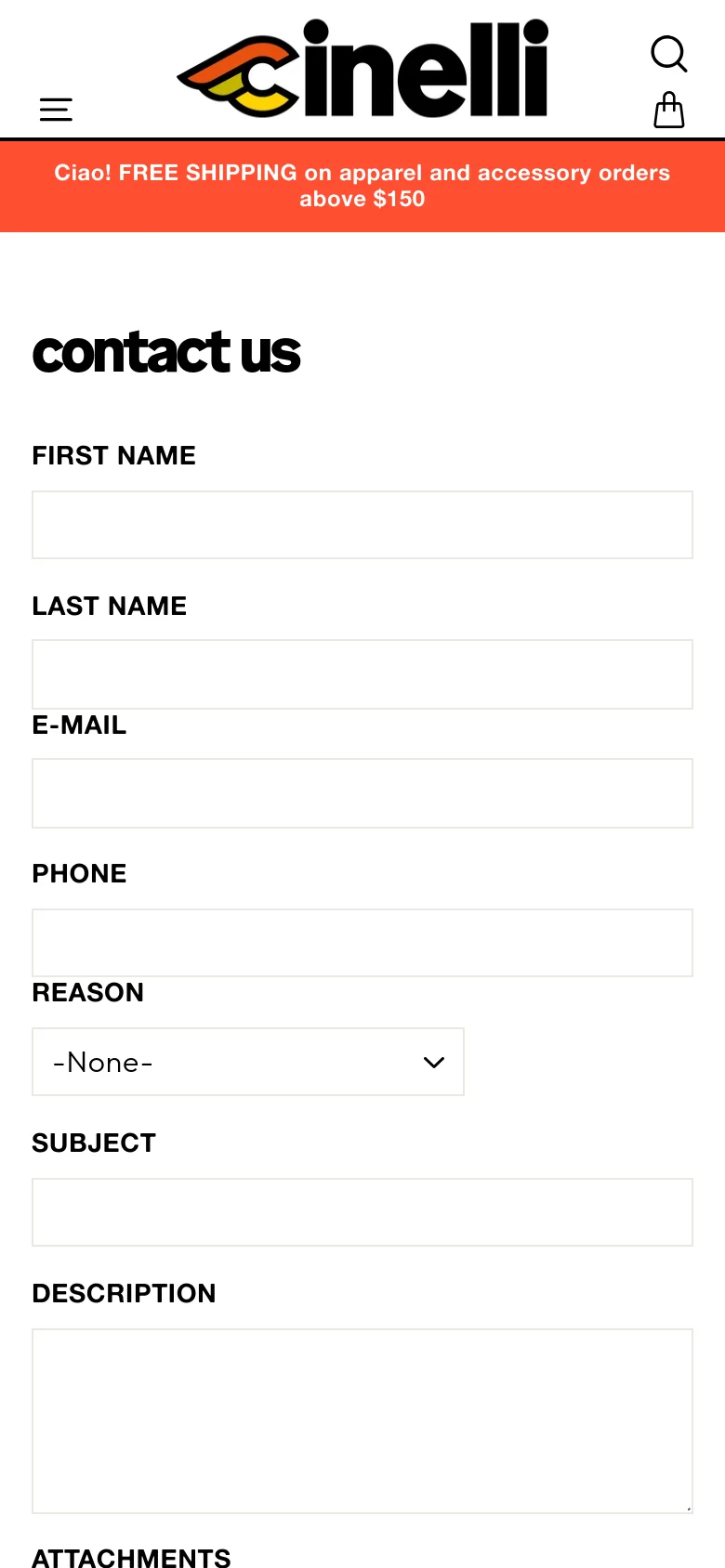 The mobile version maintains the white background and black 'contact us' headline but uses a condensed layout. The navigation menu is collapsed into a hamburger icon on the left, and the contact form fields stack vertically to fit the narrow screen width. The red promotional banner remains at the top of the viewport.