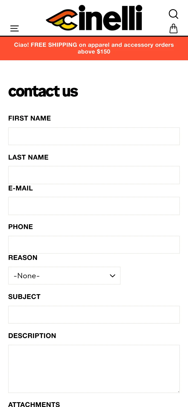 The mobile version maintains the white background and black 'contact us' headline but uses a condensed layout. The navigation menu is collapsed into a hamburger icon on the left, and the contact form fields stack vertically to fit the narrow screen width. The red promotional banner remains at the top of the viewport.