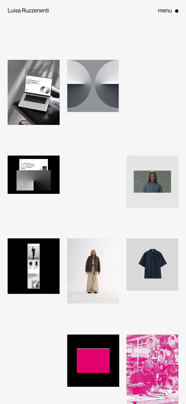 The mobile version maintains the minimalist aesthetic but shifts to a single-column vertical layout for easier scrolling. The header remains at the top with the name and menu, while the project images are stacked vertically, emphasizing a clean and focused viewing experience on a smaller screen.