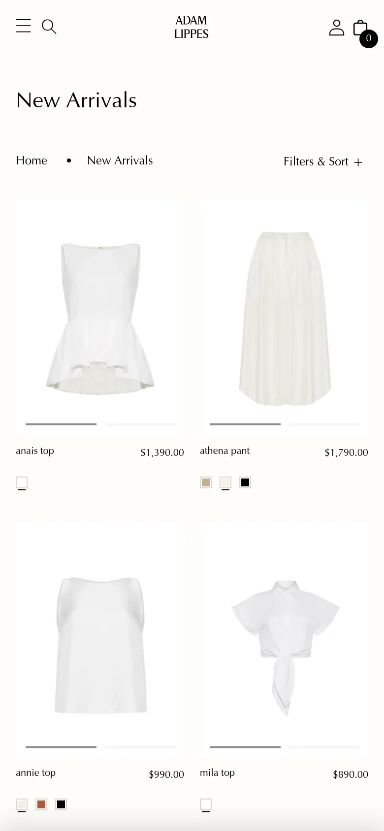 The mobile version presents a simplified vertical layout with a hamburger menu and search icon at the top. The product grid shifts to a two-column view, showing items like the anais top and mila top with their respective prices. The 'Filters & Sort' function is condensed into a single line with a plus icon to save screen space.
