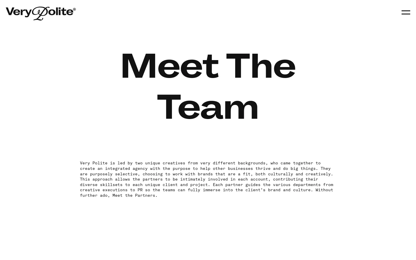 The desktop version features a minimalist white background with the 'Meet The Team' headline in large, bold black text. Below the headline is a paragraph of introductory text in a typewriter-style font, followed by a portrait of a team member against a bright yellow background.