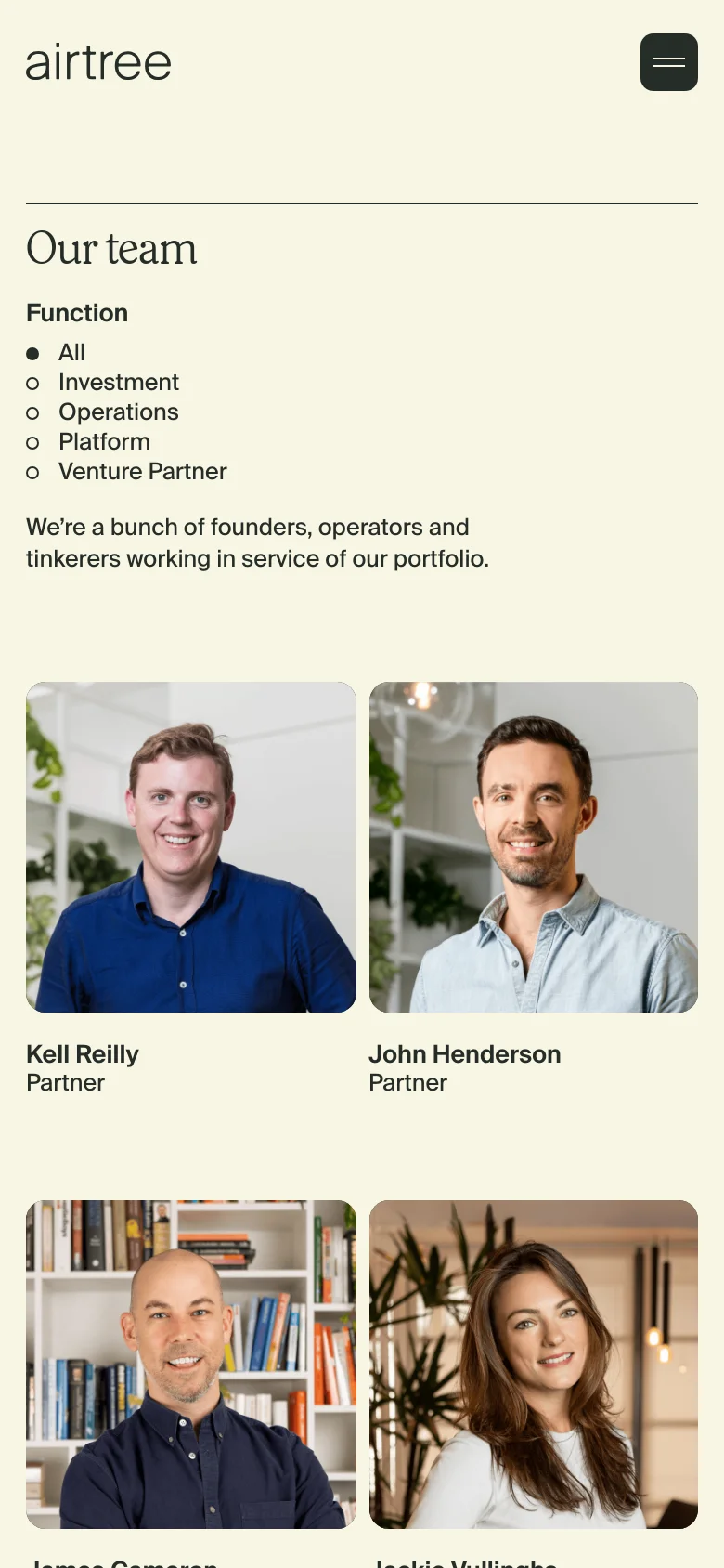 Airtree Ventures mobile team page with a stacked layout. The design features a hamburger menu, a vertical list of function filters, and a single-column grid of team member headshots on a cream background.