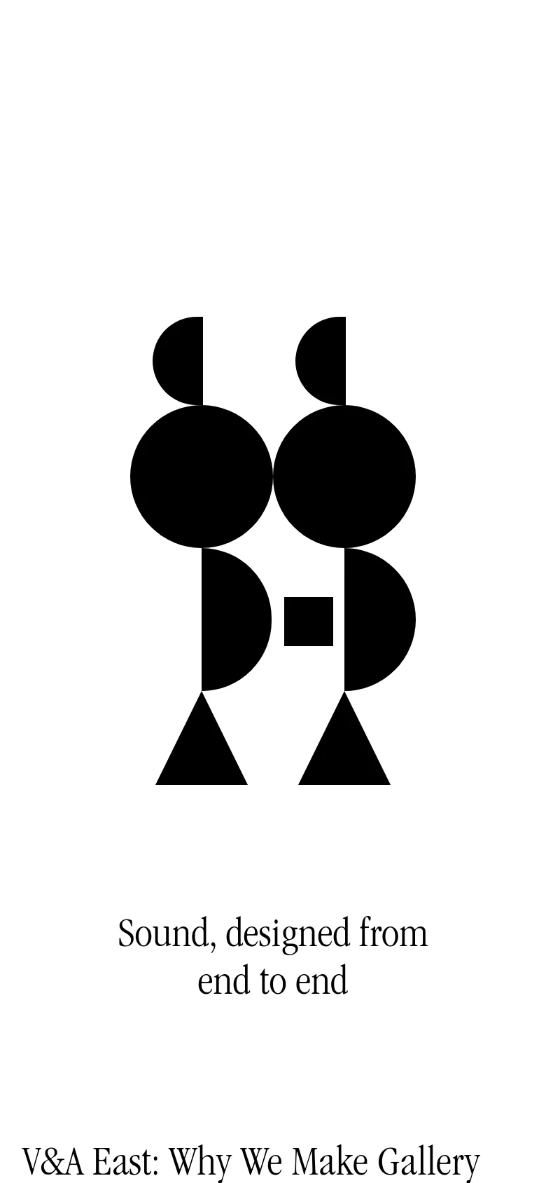 The mobile version maintains the minimalist black and white aesthetic, centering the geometric logo and tagline at the top of the screen. The layout shifts to a single-column view, stacking the project title and audio waveform elements vertically for easier scrolling on smaller screens.