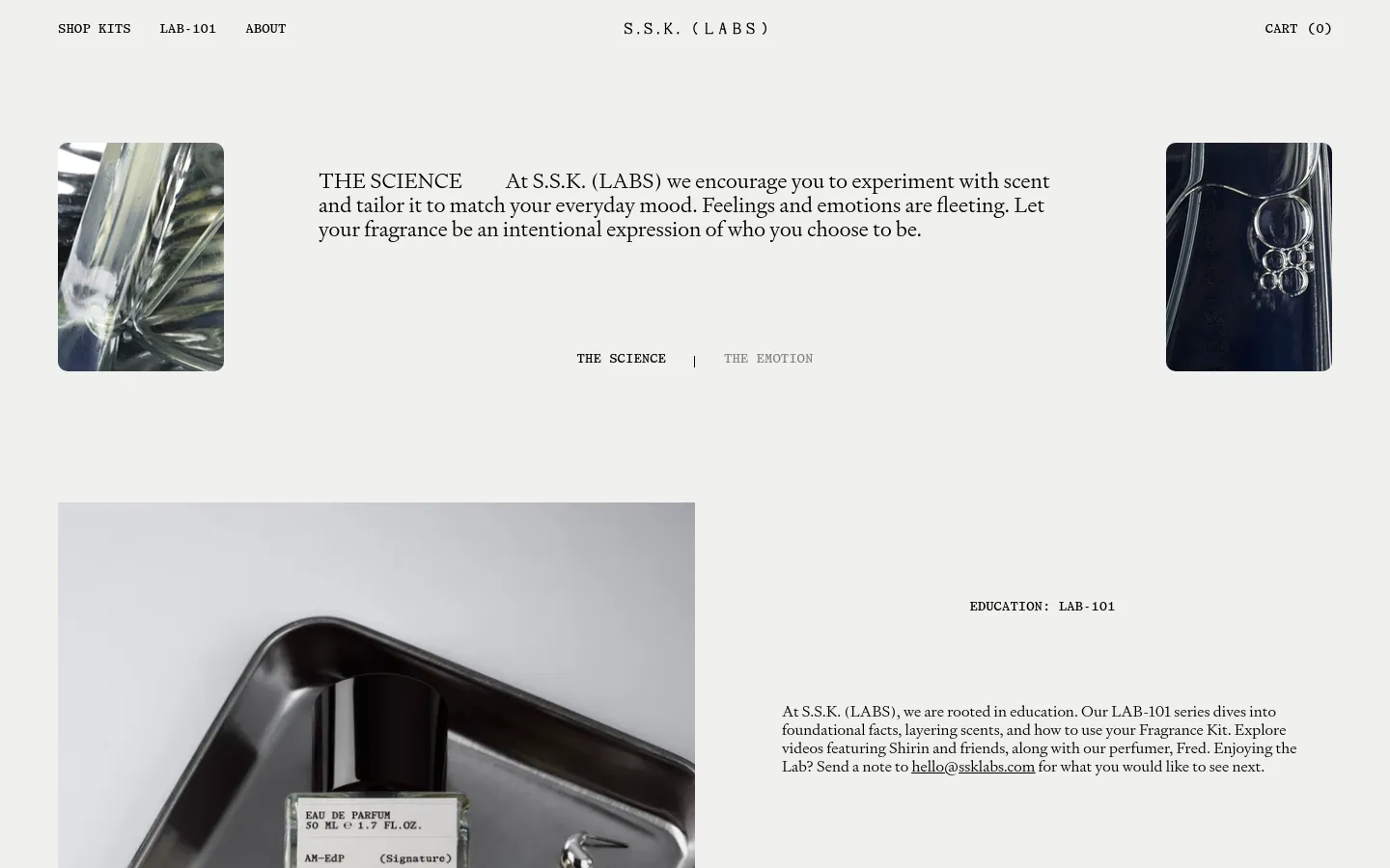 The About page features a minimalist layout with a light cream background and black text. It displays alternating sections of high-quality lifestyle imagery and text describing 'The Science' and 'The Emotion' of scent, followed by an education section and a product collection grid.