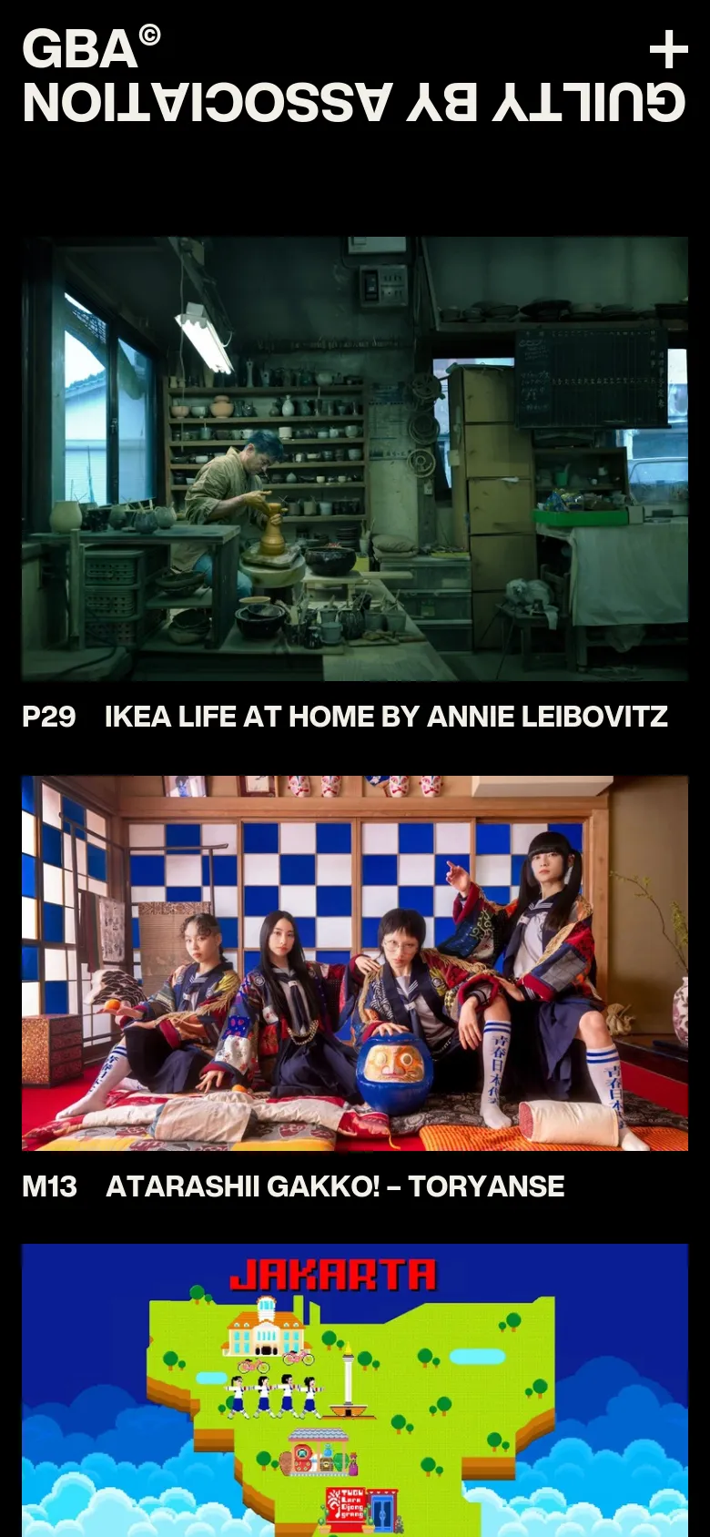 A vertical scrolling version of the production portfolio where project tiles are stacked in a single column. Each large image is followed by its project code and title, such as 'P29 IKEA LIFE AT HOME BY ANNIE LEIBOVITZ', set against a dark background with a simplified header.