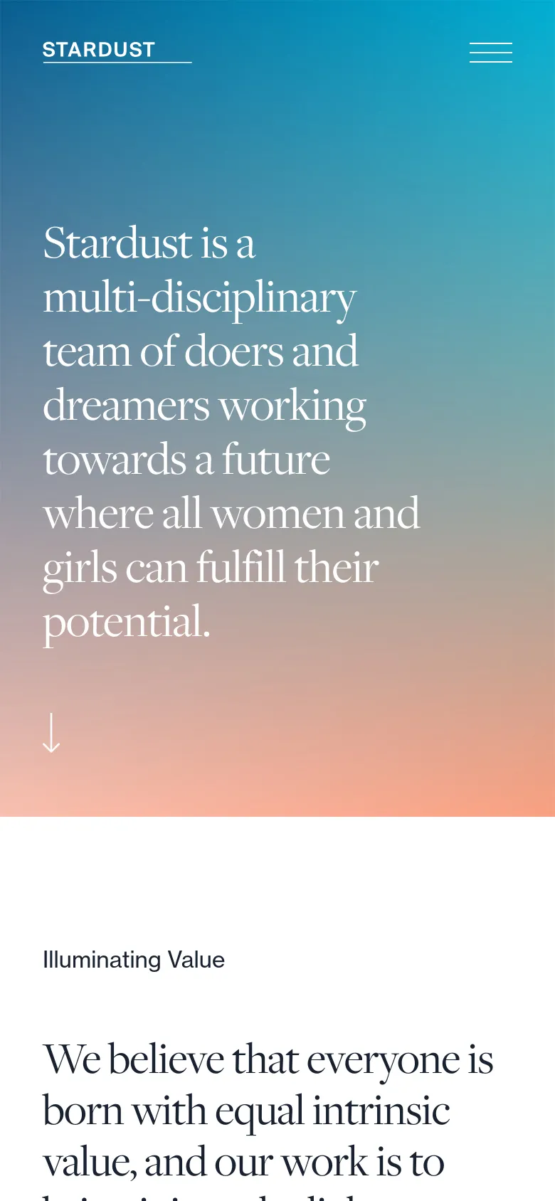 The mobile version maintains the teal-to-peach gradient background and large serif headline, but the layout is vertically stacked for a smaller screen. The top navigation is simplified, replacing the text links with a white hamburger menu icon on the right, while the 'STARDUST' logo remains on the left.