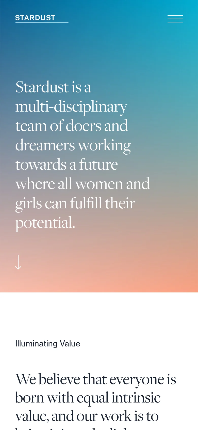 The mobile version maintains the teal-to-peach gradient background and large serif headline, but the layout is vertically stacked for a smaller screen. The top navigation is simplified, replacing the text links with a white hamburger menu icon on the right, while the 'STARDUST' logo remains on the left.