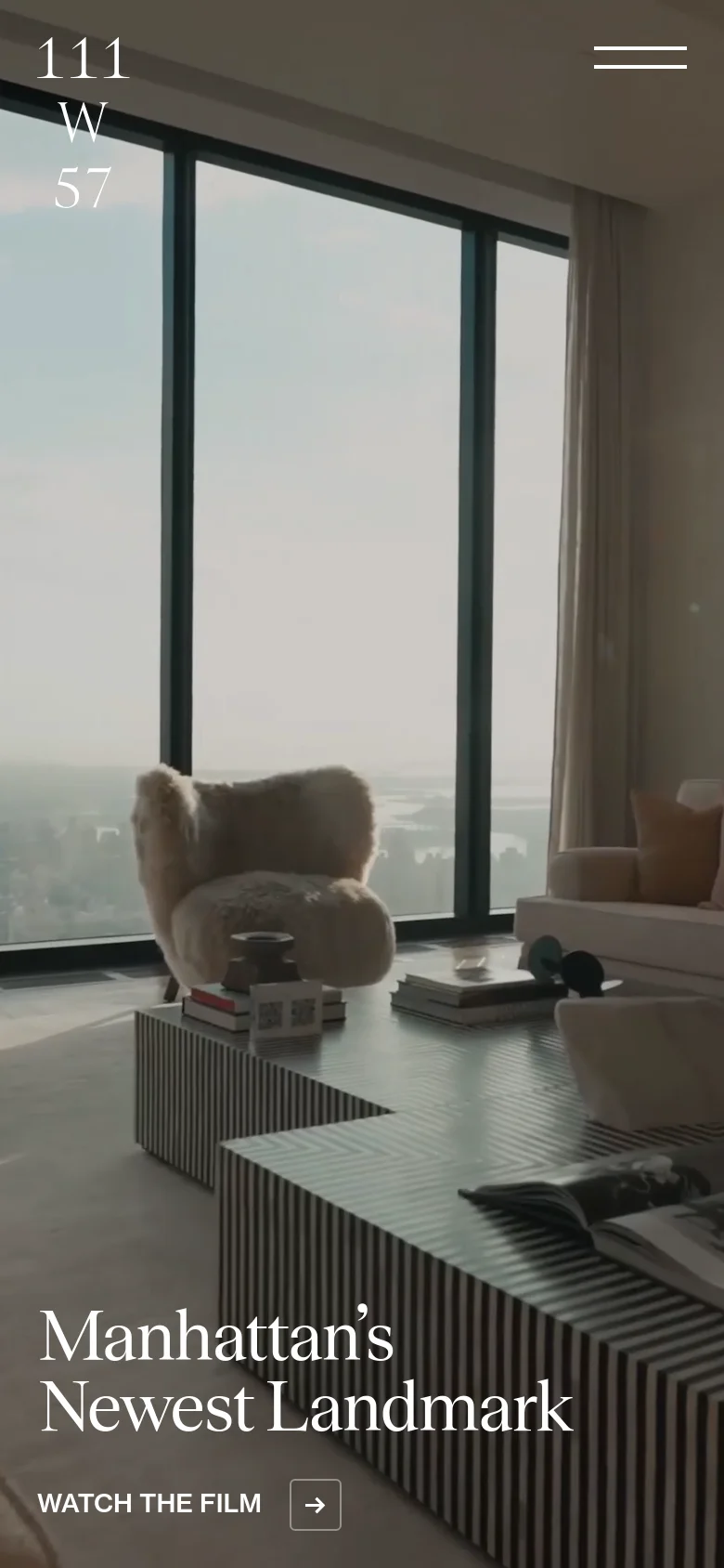 The mobile version presents a vertically oriented view of the luxury living room hero image, emphasizing the expansive window view. The branding '111 W 57' and the headline 'Manhattan's Newest Landmark' are stacked vertically, and the 'Watch the Film' call to action is positioned at the bottom left.