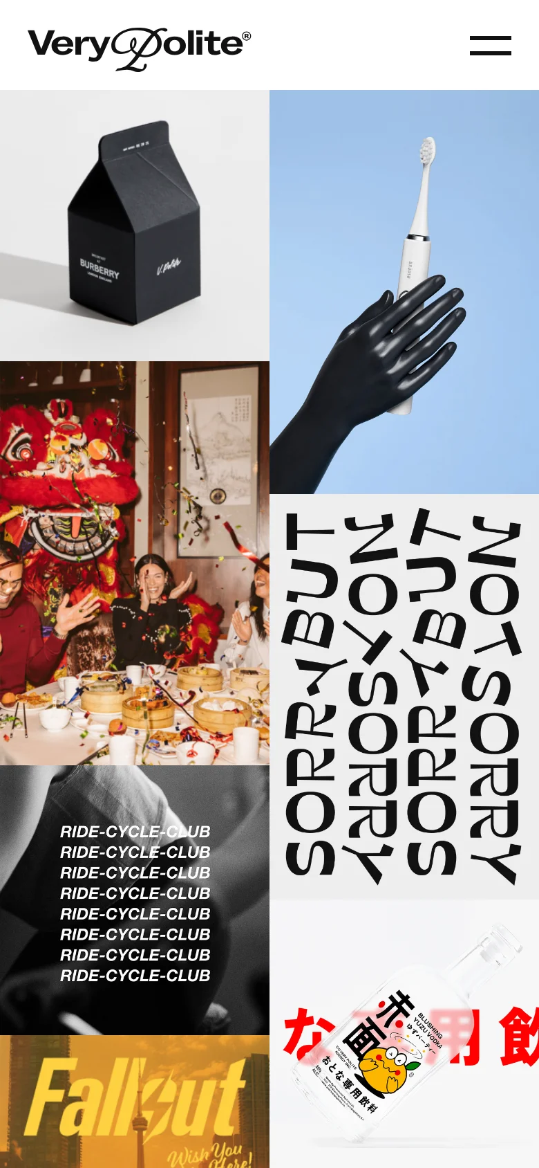 The mobile version maintains the white header and logo but transitions the project showcase into a single-column vertical scroll. The large, high-impact imagery for each portfolio piece is stacked vertically to fit the narrow screen width.
