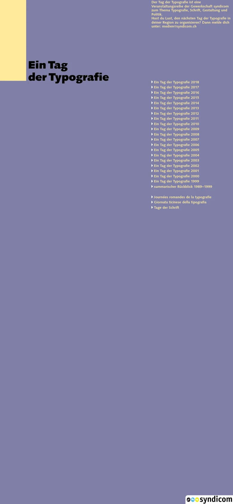 The mobile version features a simplified vertical layout with the same purple background and large bold headline. The content is stacked vertically, showing the introductory text followed by the long list of archive links, making the navigation more compact for a narrow screen.
