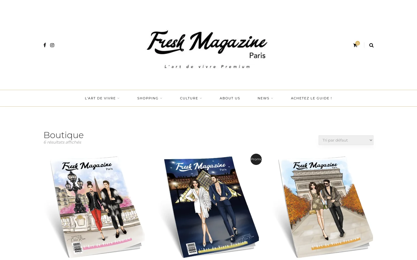 The desktop boutique page features a clean white background with a centered logo for Fresh Magazine Paris. A horizontal navigation menu sits below the header, followed by a 'Boutique' heading and a grid of magazine cover images displayed at an angle. Each product includes a title, price, and some items feature a 'Promo' badge.