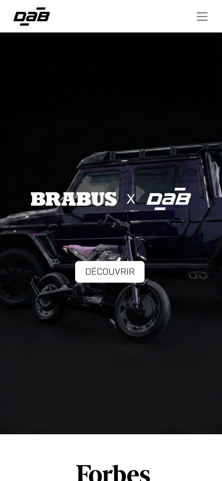 The mobile version presents a vertically oriented hero section with the same 'BRABUS x DAB' branding and 'DÉCOUVRIR' button, optimized for a smaller screen. The layout is simplified, showing the large hero image followed immediately by the media press logos on a white background.