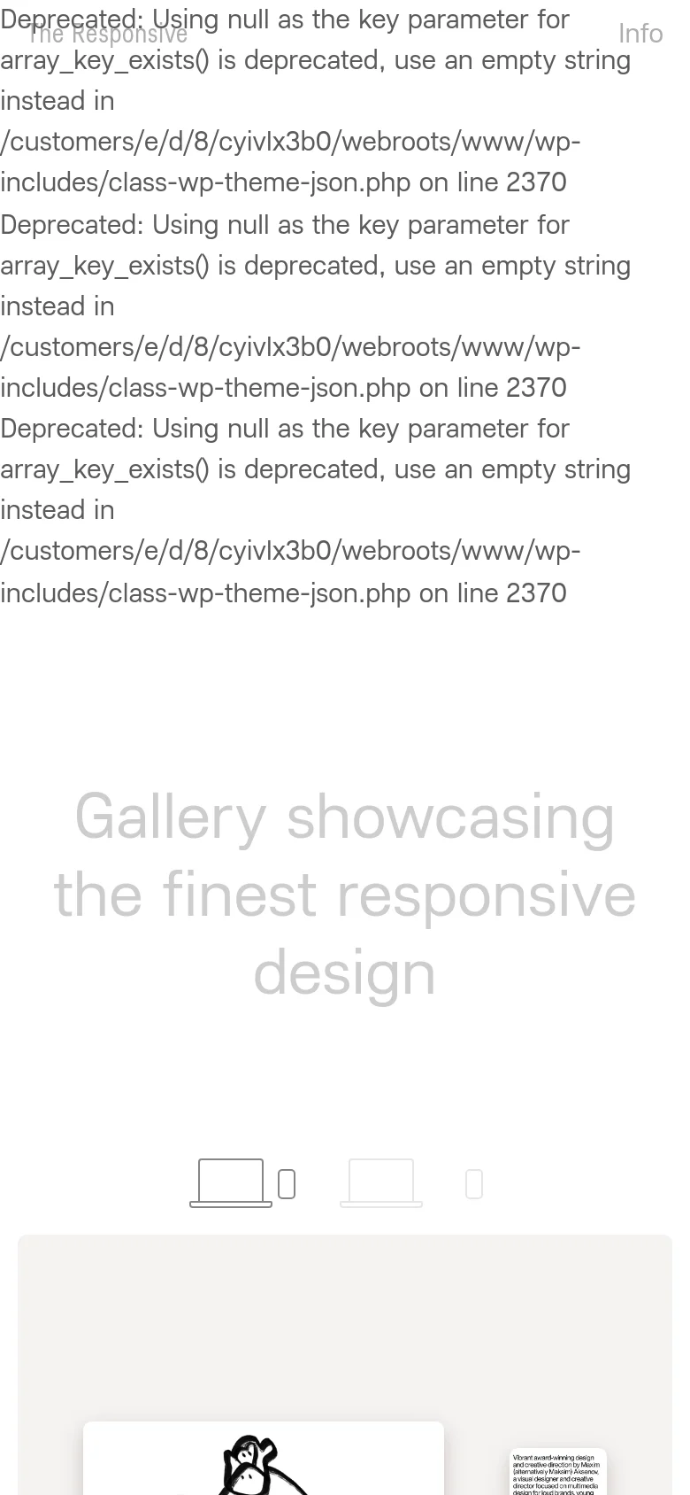 The mobile version maintains the minimalist aesthetic with a light gray background and large typography. The layout shifts to a single-column stack where each project features a mobile-sized screenshot above its corresponding text heading link, optimized for vertical scrolling.