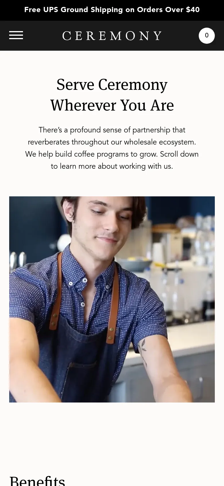 The mobile version stacks the content vertically, starting with the headline and introductory text followed by the large hero image of the barista. The navigation is condensed into a hamburger menu at the top left, and the 'Free UPS Ground Shipping' announcement banner spans the top of the screen.