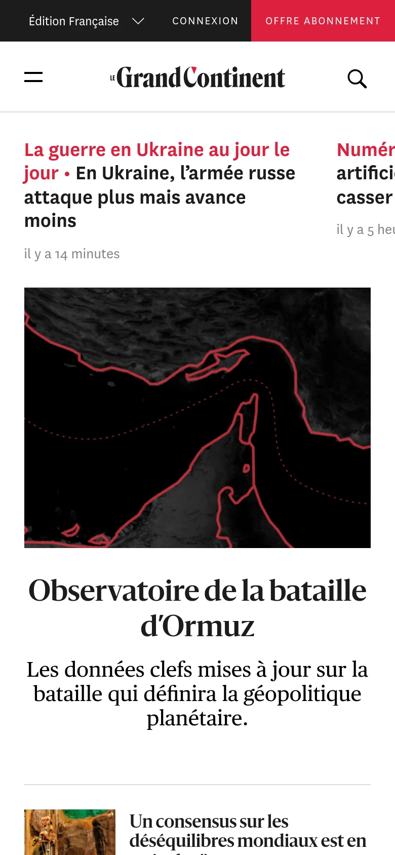 The mobile version presents a simplified single-column vertical layout optimized for scrolling. The top navigation is condensed into a hamburger menu and a search icon, while the news headlines and large map feature stack vertically, removing the multi-column sidebar structure seen on desktop.