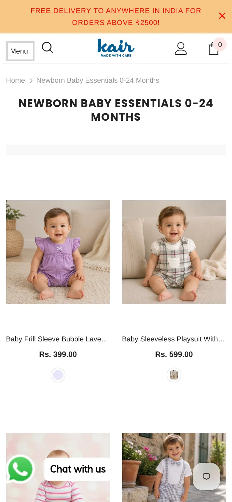 The mobile version features a simplified header with a hamburger menu, search icon, logo, and profile icon. The main content displays the heading 'NEWBORN BABY ESSENTIALS 0-24 MONTHS' followed by a vertical grid of product images with prices and color swatches. A prominent orange banner at the bottom advertises free delivery, and a floating WhatsApp chat button is visible in the corner.